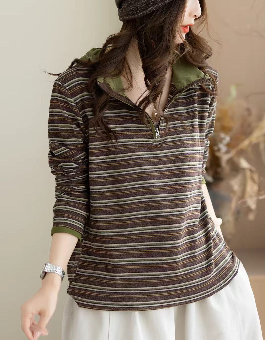 Women’s Vintage Striped Half Zip Casual Long Sleeve Top