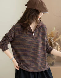 Women’s Casual Striped Quarter Zip Long Sleeve Shirt