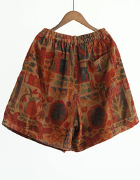 Back view of stylish printed corduroy shorts with button closure