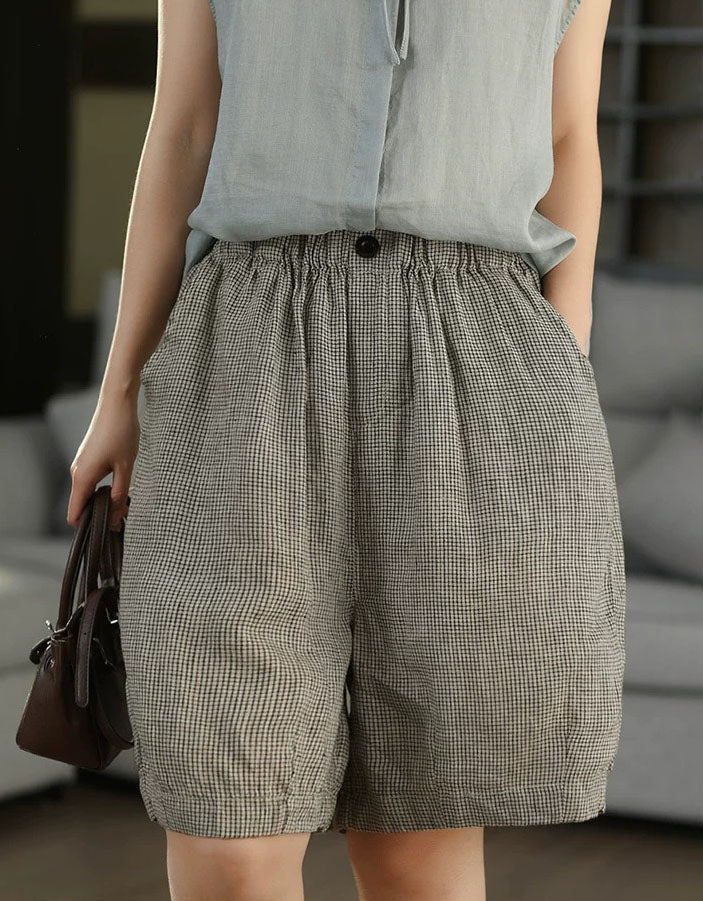 Women's Japanese Style Checkered Linen Shorts – Minimal Plaid Print Relaxed Fit Shorts | Summer Casual Outfit