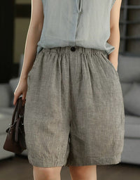 Women's Japanese Style Checkered Linen Shorts – Minimal Plaid Print Relaxed Fit Shorts | Summer Casual Outfit