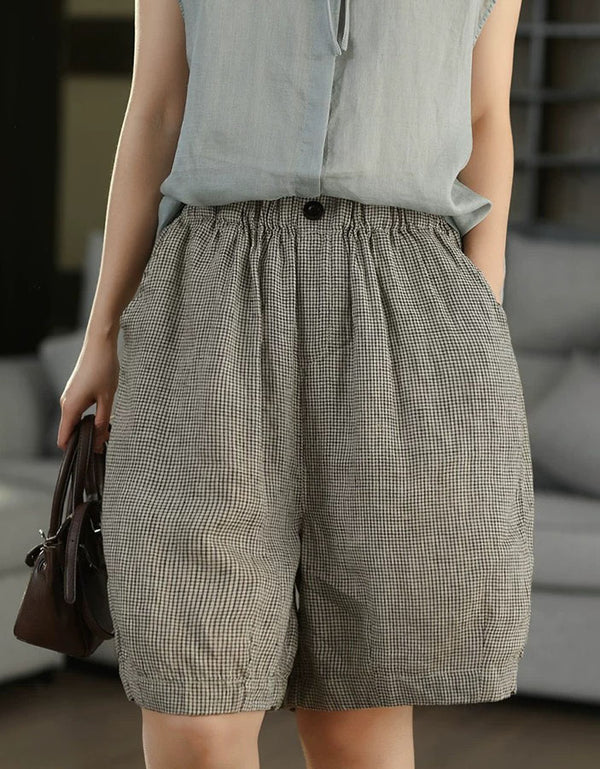 Women's Japanese Style Checkered Linen Shorts – Minimal Plaid Print Relaxed Fit Shorts | Summer Casual Outfit