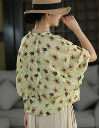Casual Loose Linen Shirt Women Retro Pattern Blouse