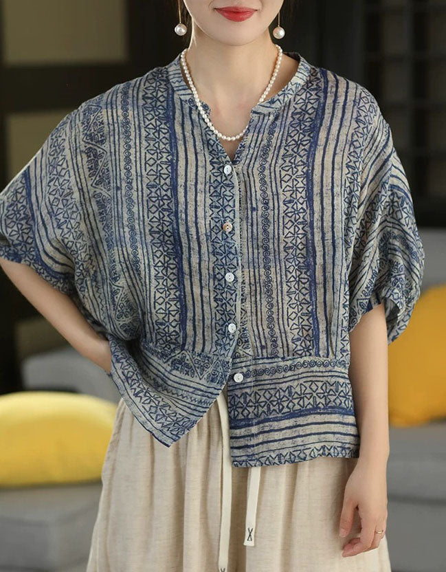 Women's Oversized Linen Blouse Blue Print Summer Top