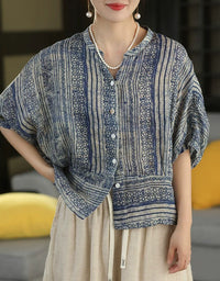 Women's Oversized Linen Blouse Blue Print Summer Top