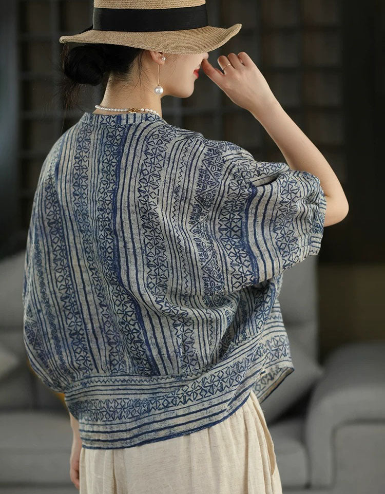 Women's Ethnic Print Linen Top Relaxed Fit Shirt