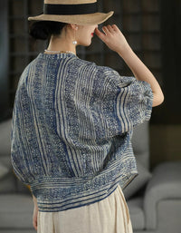 Women's Ethnic Print Linen Top Relaxed Fit Shirt