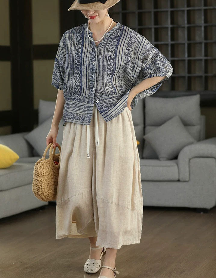 Bohemian Printed Linen Shirt Women Loose Summer Top