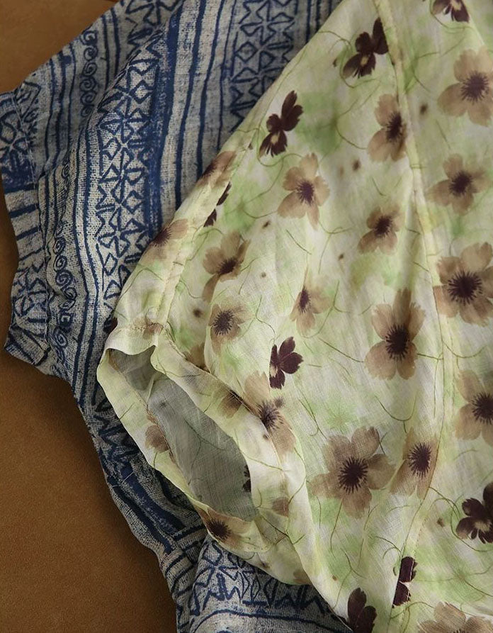 Women's Blue Printed Cotton Linen Shirt Loose Style