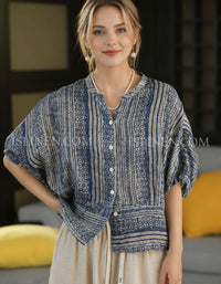 Women's Vintage Printed Linen Blouse Casual Shirt