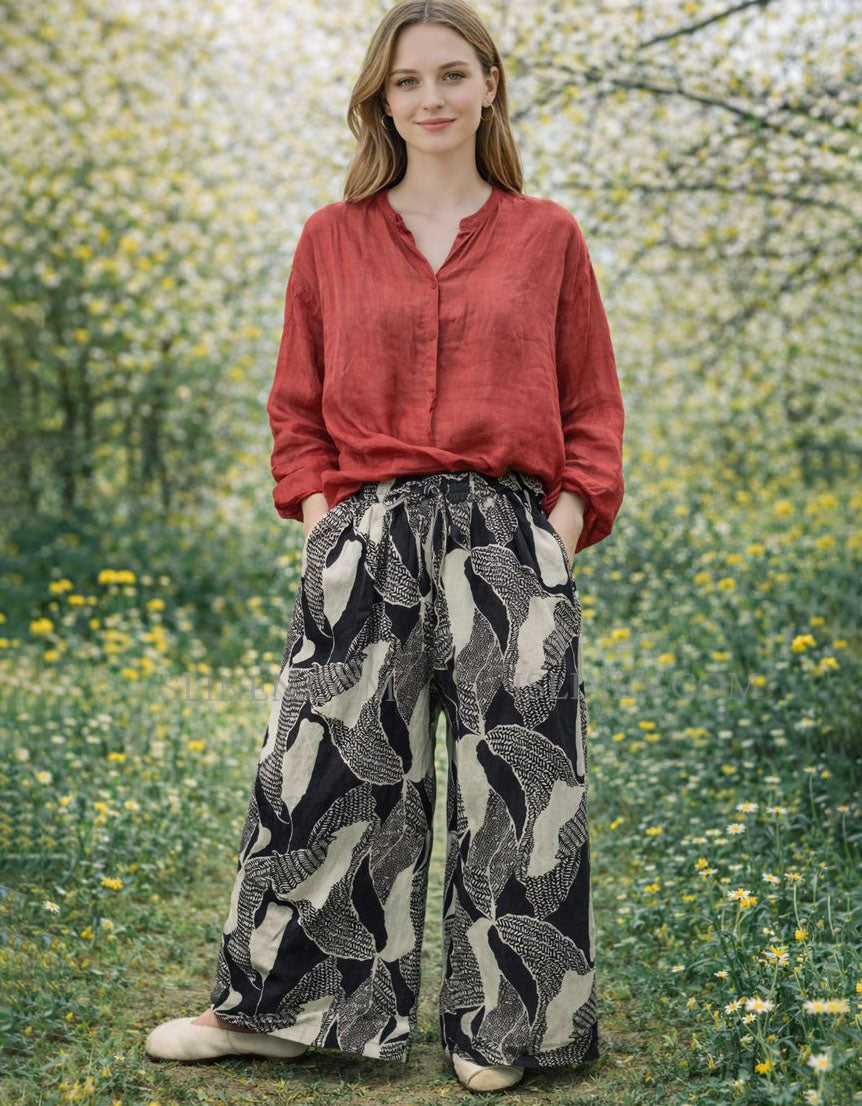 Front view of boho print wide leg trousers