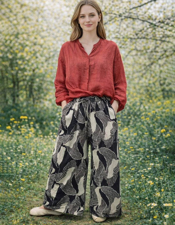 Front view of boho print wide leg trousers
