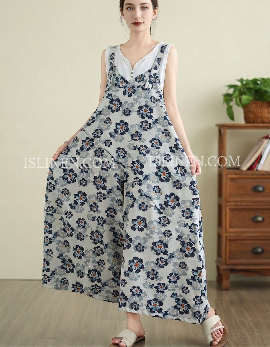Women's Floral Cotton Linen Wide Leg Jumpsuit with Pockets