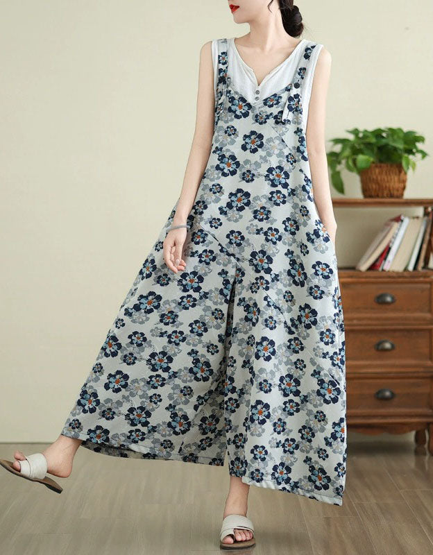 Women's Vintage Floral Sleeveless Cotton Linen Overalls