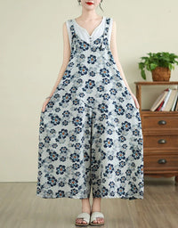 Women's Loose Fit Cotton Linen Bib Jumpsuit with Wide Legs