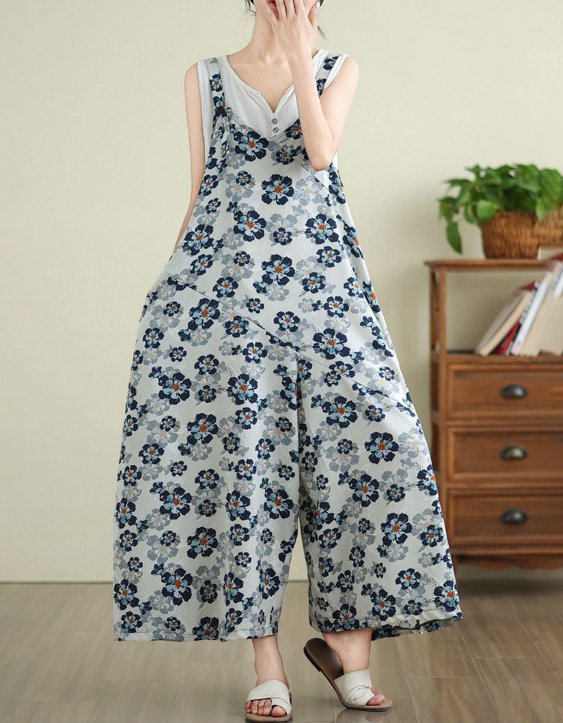 Women's Casual Floral Cotton Linen Dungaree Jumpsuit