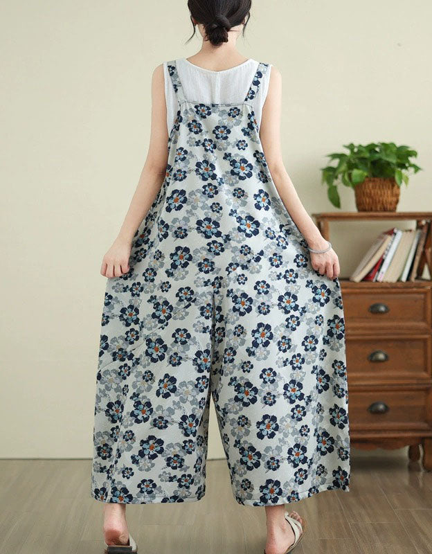 Women's Boho Floral Wide Leg Cotton Linen Overalls