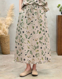 Women's Floral Linen Midi Skirt – Vintage Botanical Print Boho Skirt