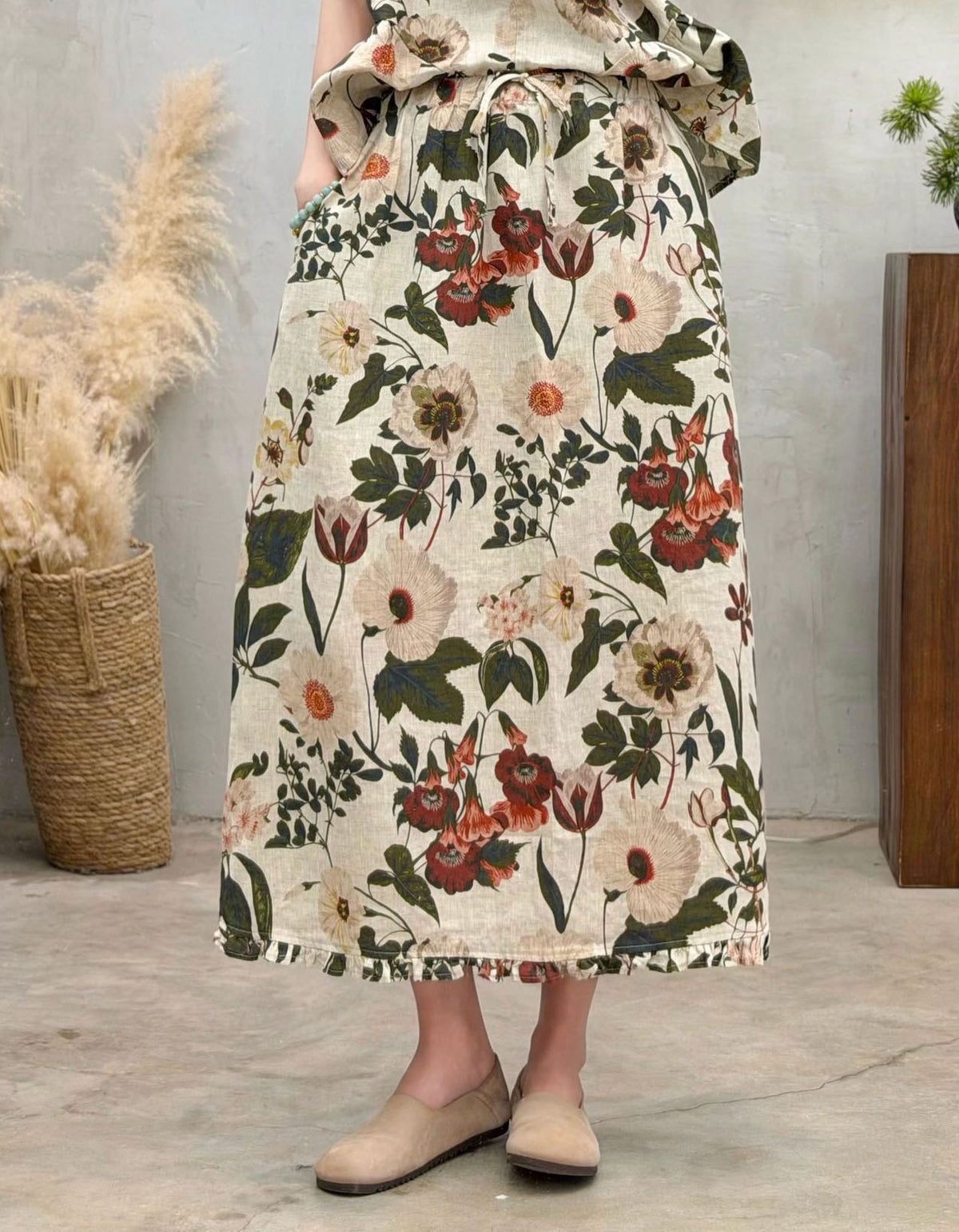 Women's Beige Floral A-Line Skirt – Linen Vintage Nature Print Skirt