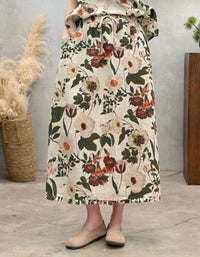 Women's Beige Floral A-Line Skirt – Linen Vintage Nature Print Skirt
