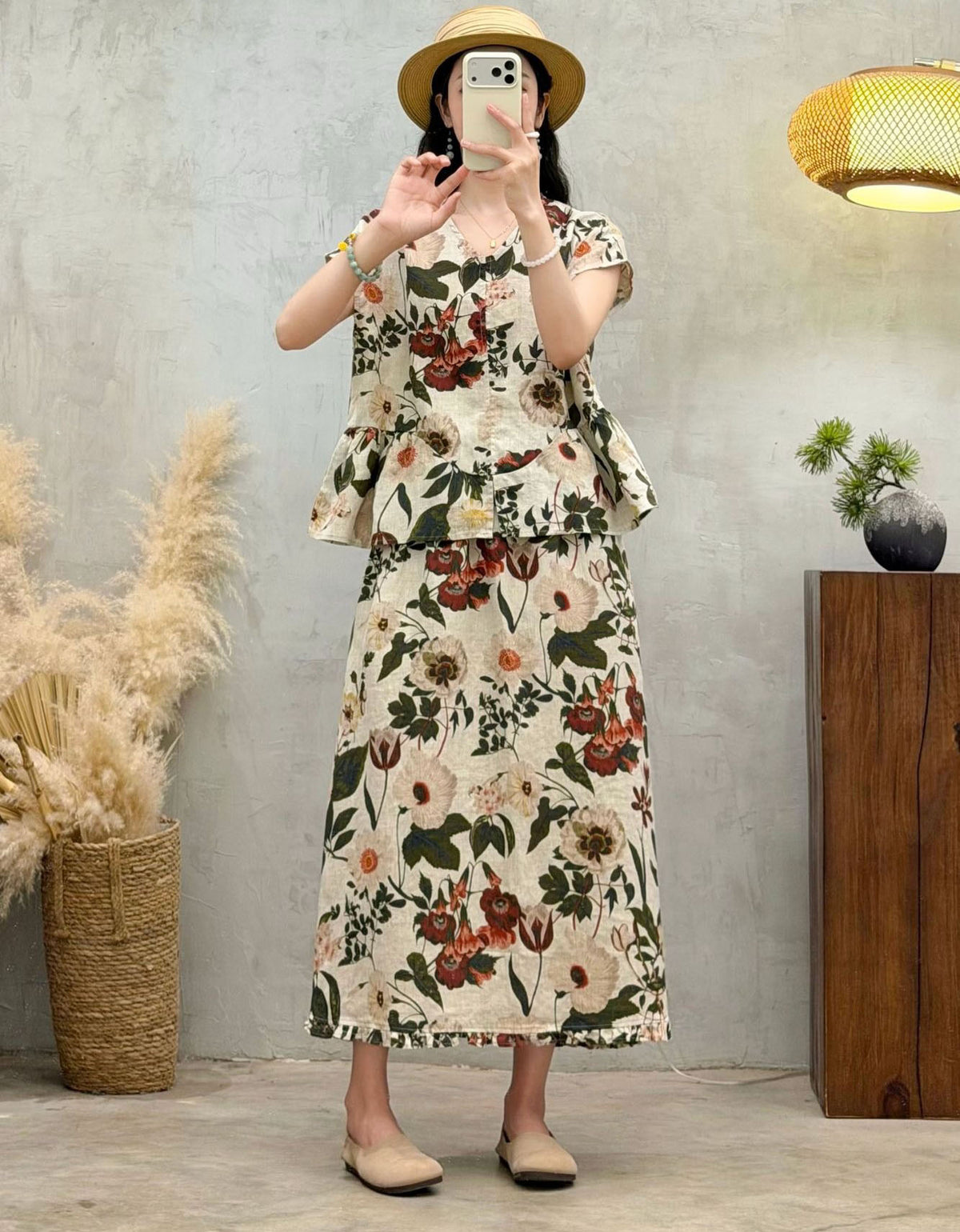 Women's Vintage Flower Print Skirt – Elegant Linen Summer Skirt