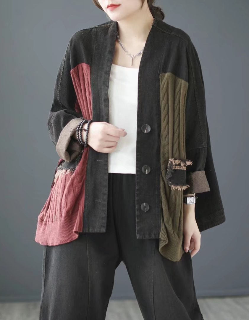 Patchwork knit cardigan jacket with contrast panels