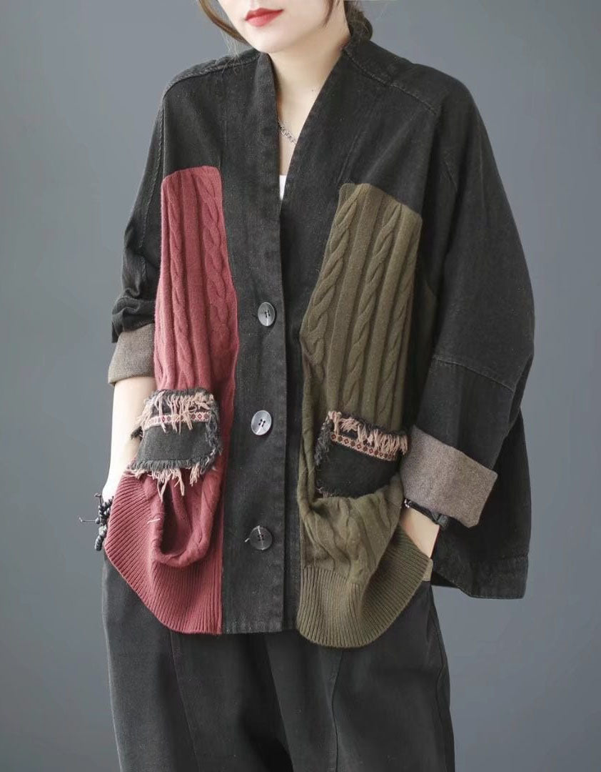 Women wearing patchwork knit cardigan with textured pockets
