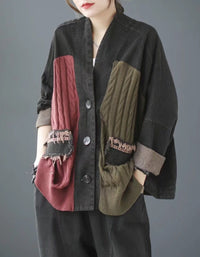 Women wearing patchwork knit cardigan with textured pockets