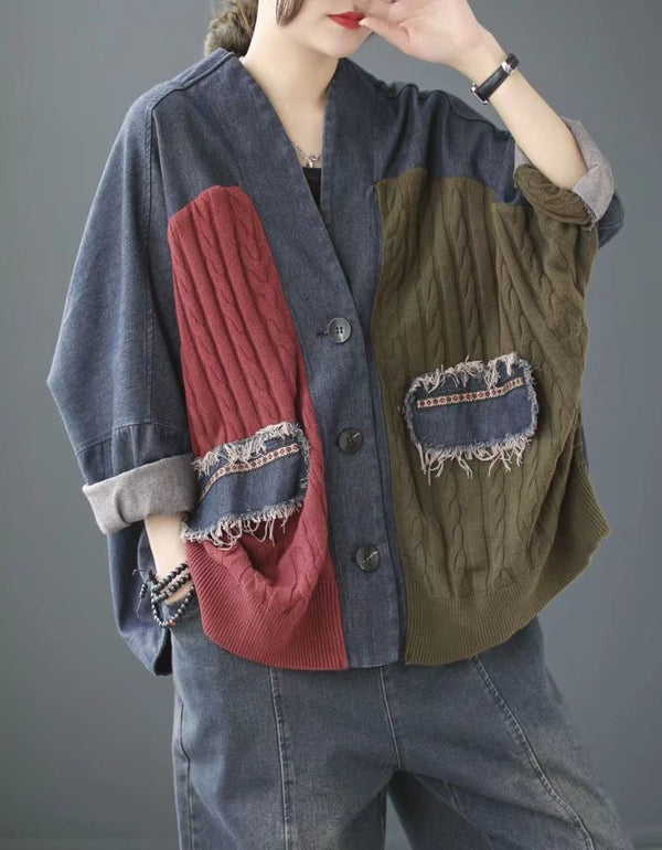 Vintage color block knit cardigan jacket for women