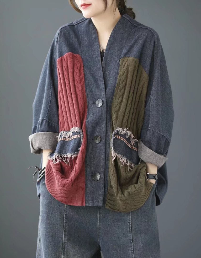 Women’s button front patchwork cardigan in earthy tones