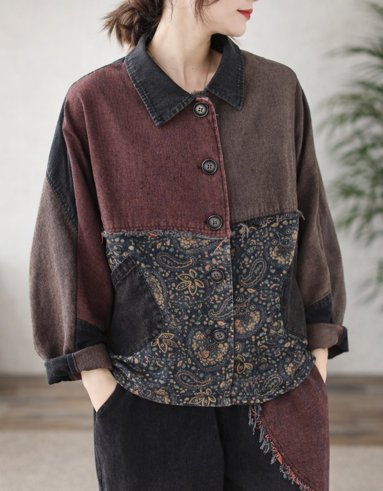 Front view of women’s relaxed fit patchwork jacket