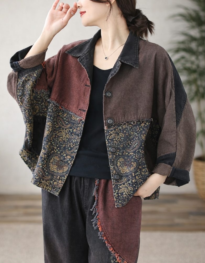 Casual women’s button-up patchwork jacket with relaxed silhouette