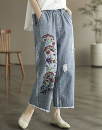 Ankle-length embroidered denim pants for women with elastic waistband side view