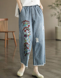 Women’s vintage casual cropped embroidered denim pants with elastic waist