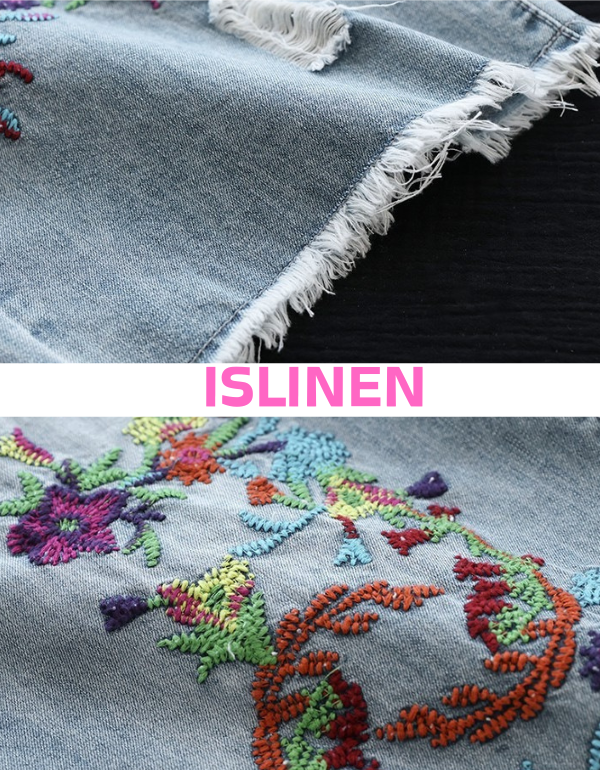 Close-up cropped wide-leg denim pants with floral embroidery