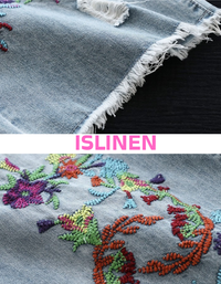 Close-up cropped wide-leg denim pants with floral embroidery