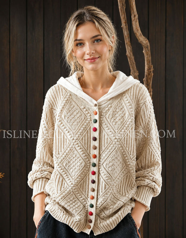 Women's Hooded Cable Knit Button Front Cardigan