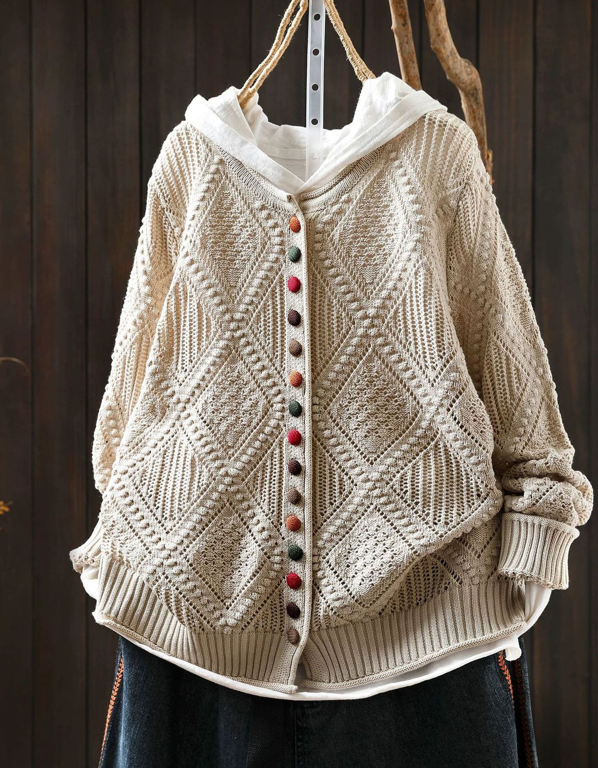 Women's Boho Hooded Cable Knit Button Cardigan