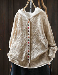 Women's Boho Hooded Cable Knit Button Cardigan