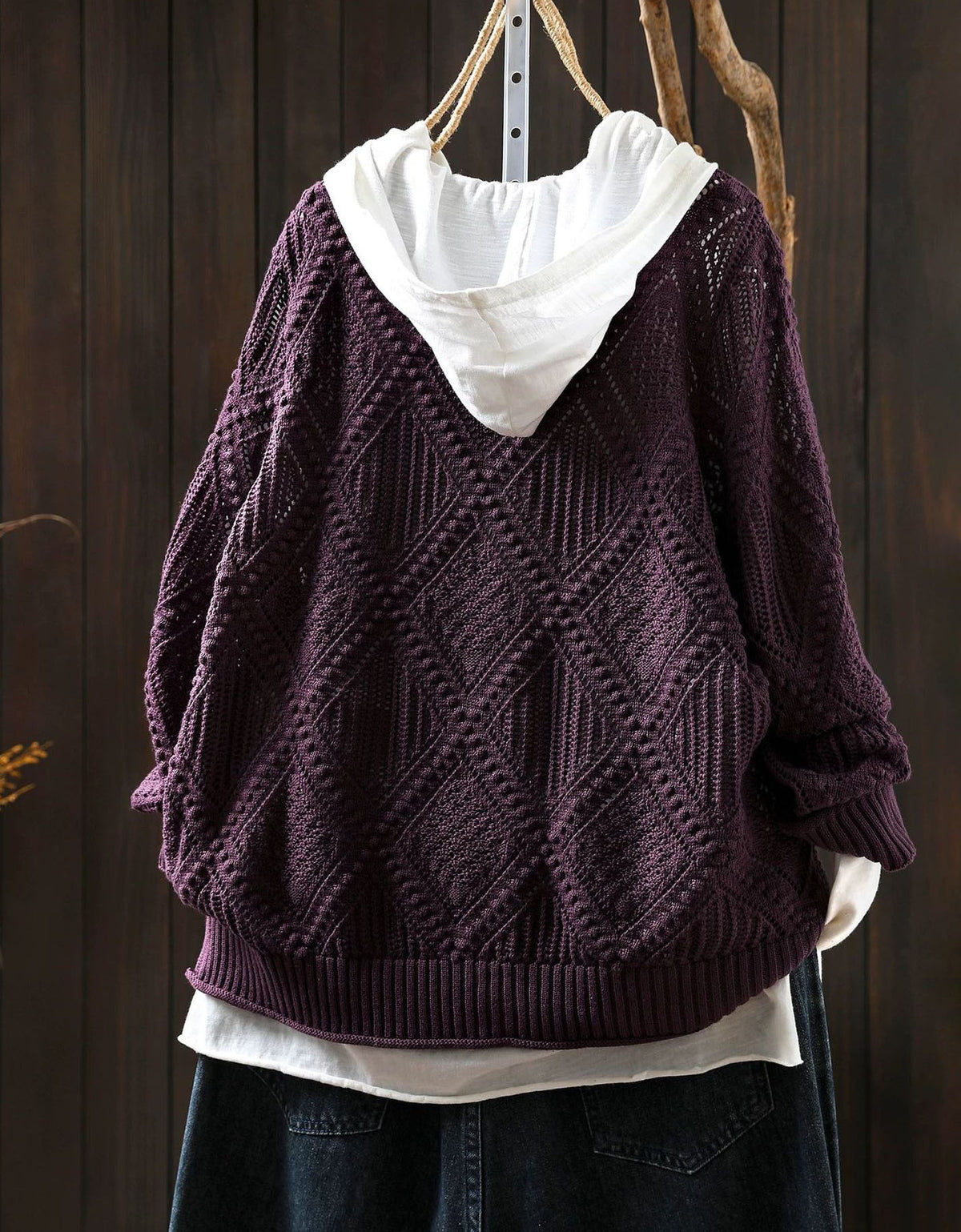 Women's Purple Hooded Cable Knit Cardigan Sweater