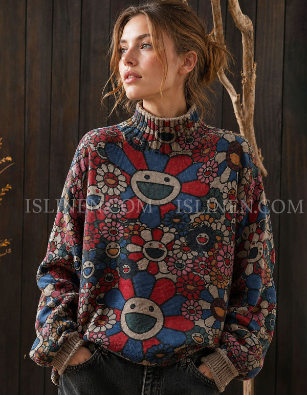 Women's vintage floral knit sweater with colorful flower pattern