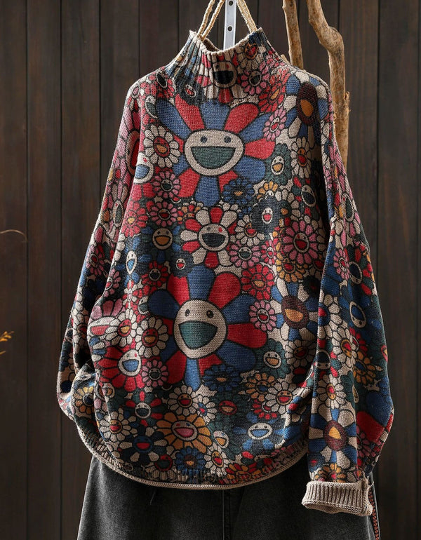 Colorful oversized floral knit pullover sweater for women