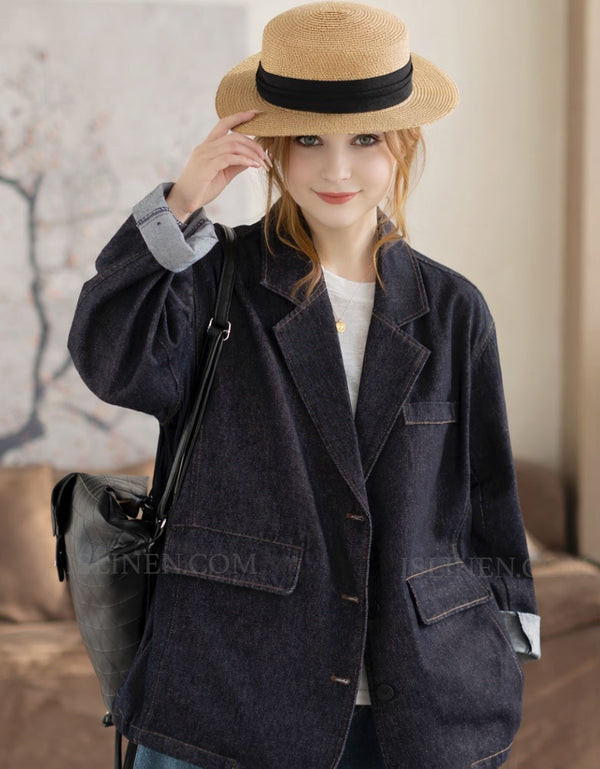 Women’s vintage denim blazer jacket with button closure