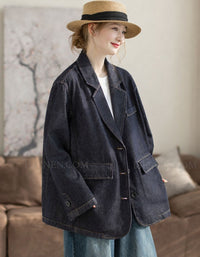 Women wearing an oversized denim blazer with casual styling
