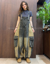 Women's Patchwork Denim Cargo Overalls with Pockets