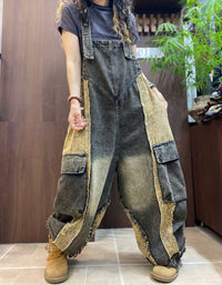 Women's Vintage Denim Patchwork Cargo Overalls