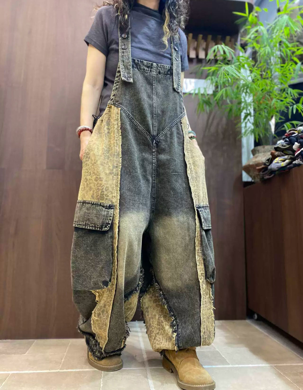 Women's Casual Patchwork Denim Bib Overalls