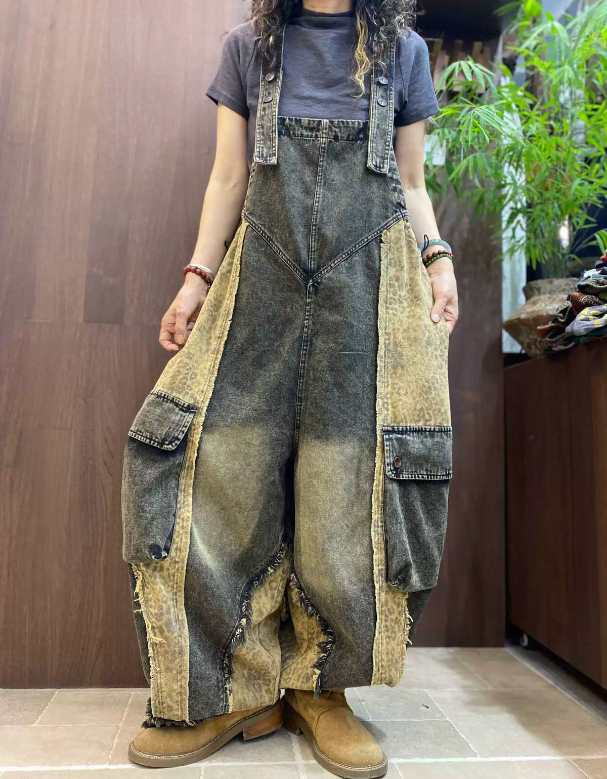 Women's Vintage Loose Denim Cargo Overalls