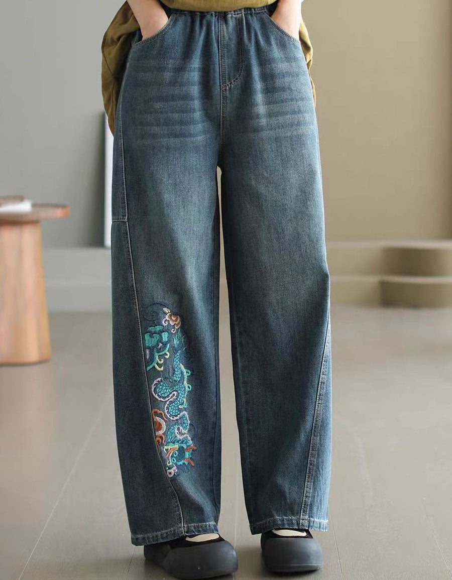 Women’s Vintage Dragon Embroidery Casual Jeans
