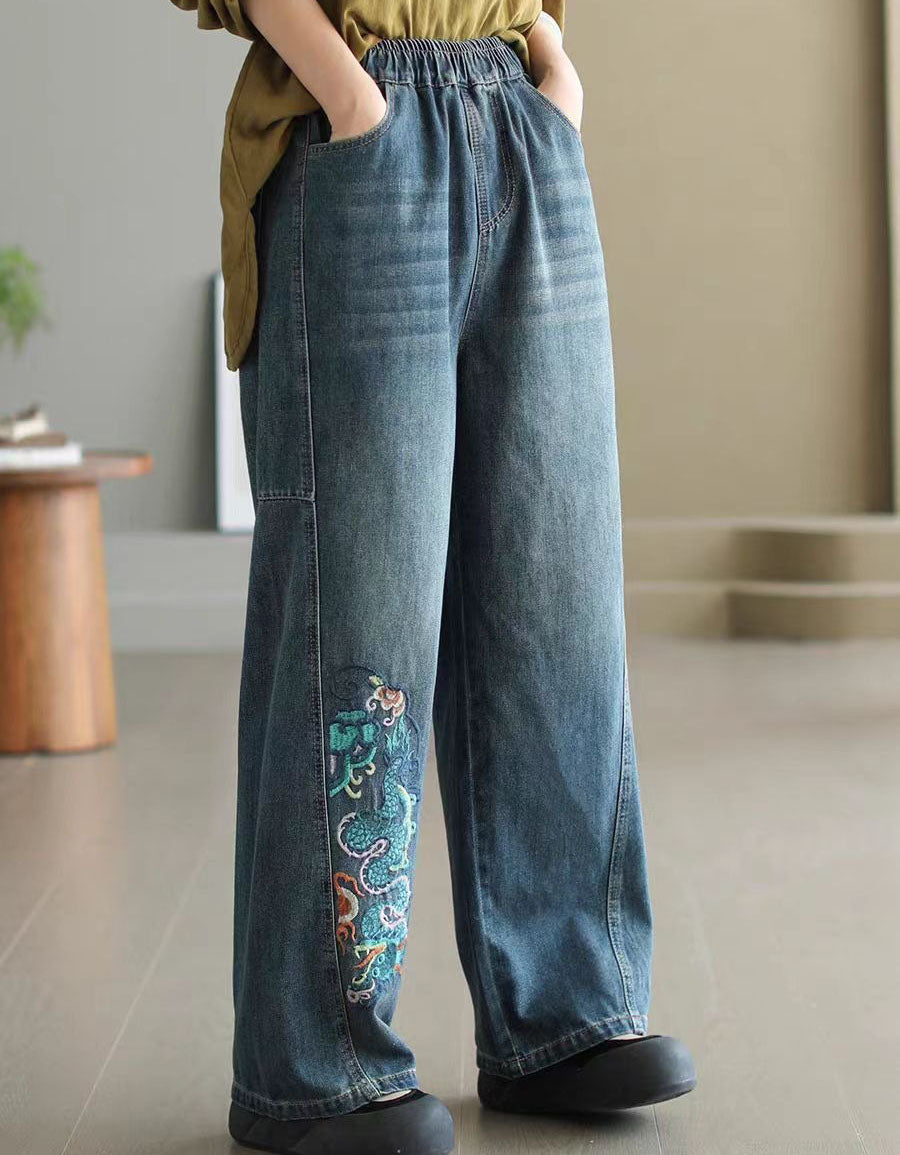 Women’s Vintage Dragon Embroidery Casual Jeans